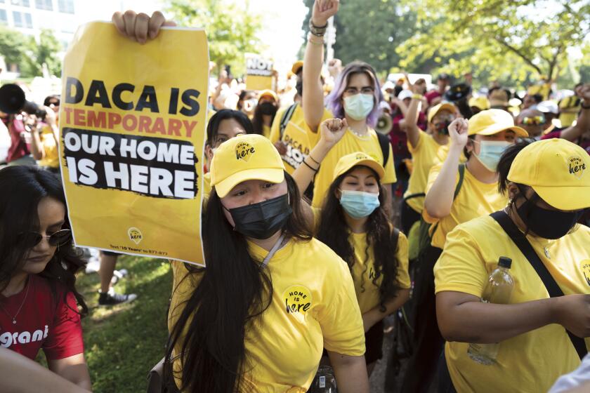 Susana Lujano, left, a dreamer from Mexico who lives in Houston, joins other activists to rally in support of the Deferred Action for Childhood Arrivals program, also known as DACA, at the Capitol in Washington, Wednesday, June 15, 2022. (AP Photo/J. Scott Applewhite)