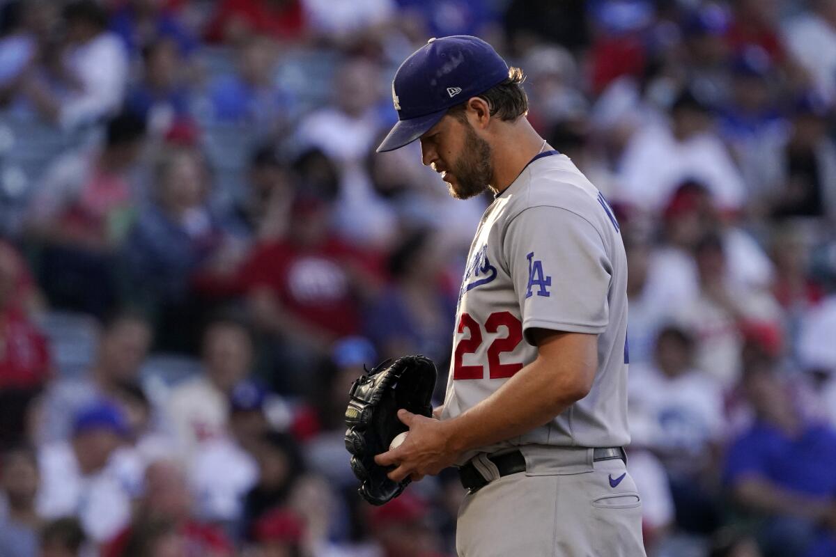 Dodgers starting pitcher Clayton Kershaw stands on the mound in the second inning.