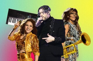 (L-R) Musikaliska artister Shakira, Bad Bunny och Jennifer Lopez. Credit: Kevin Winter/Getty Images; Andrew Gombert / Los Angeles Times; Illustration av Ross May