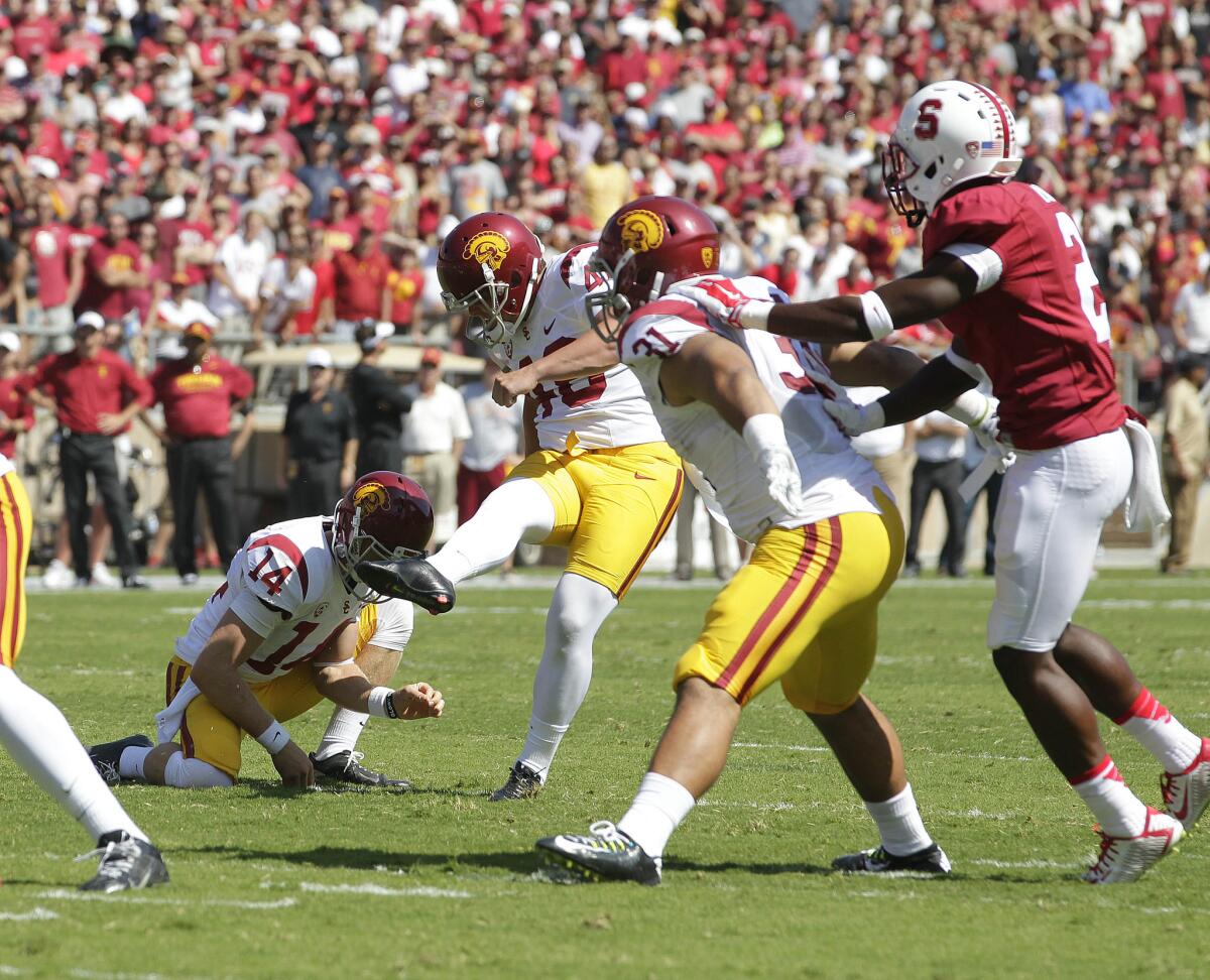 Andre Heidari kicked two field goals, including a career-best 53-yarder, against Stanford on Saturday.
