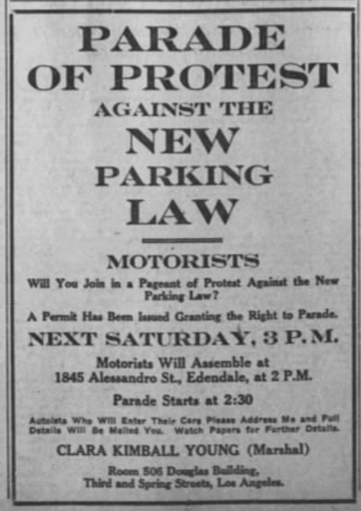 A newspaper ad in 1920 asked motorists to join a "parade of protest against the new parking law."