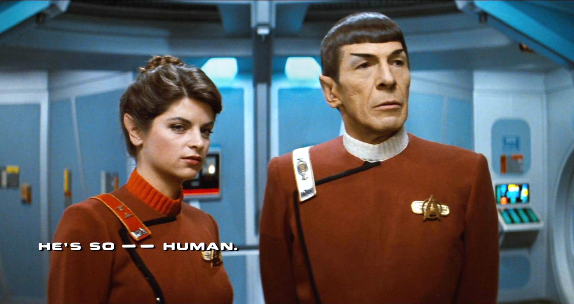 Kirstie Alley with Leonard Nimoy in "Star Trek II: The Wrath of Khan."