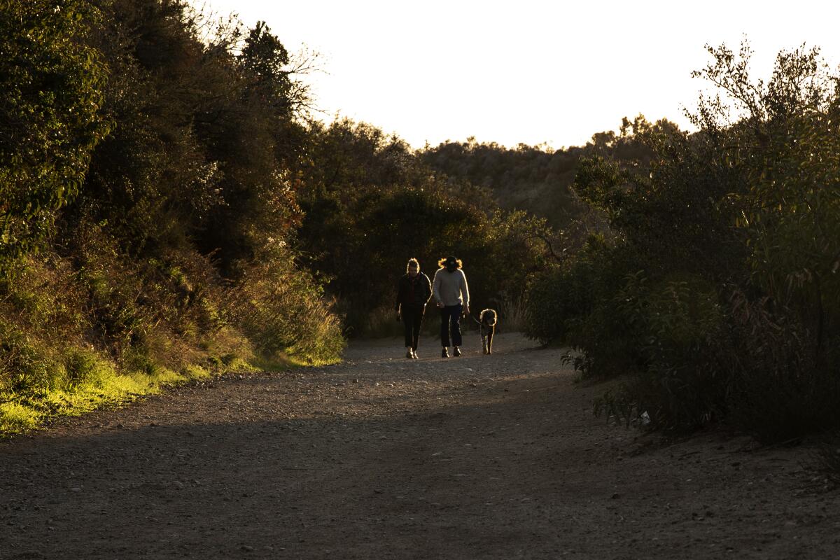 Hikers walk along a path leading to the Backbone Trail.