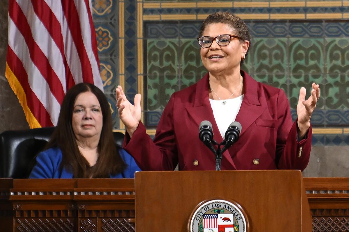 Los Angeles Mayor Karen Bass delivers her State of the City address at Los Angeles City Hall on April 17.