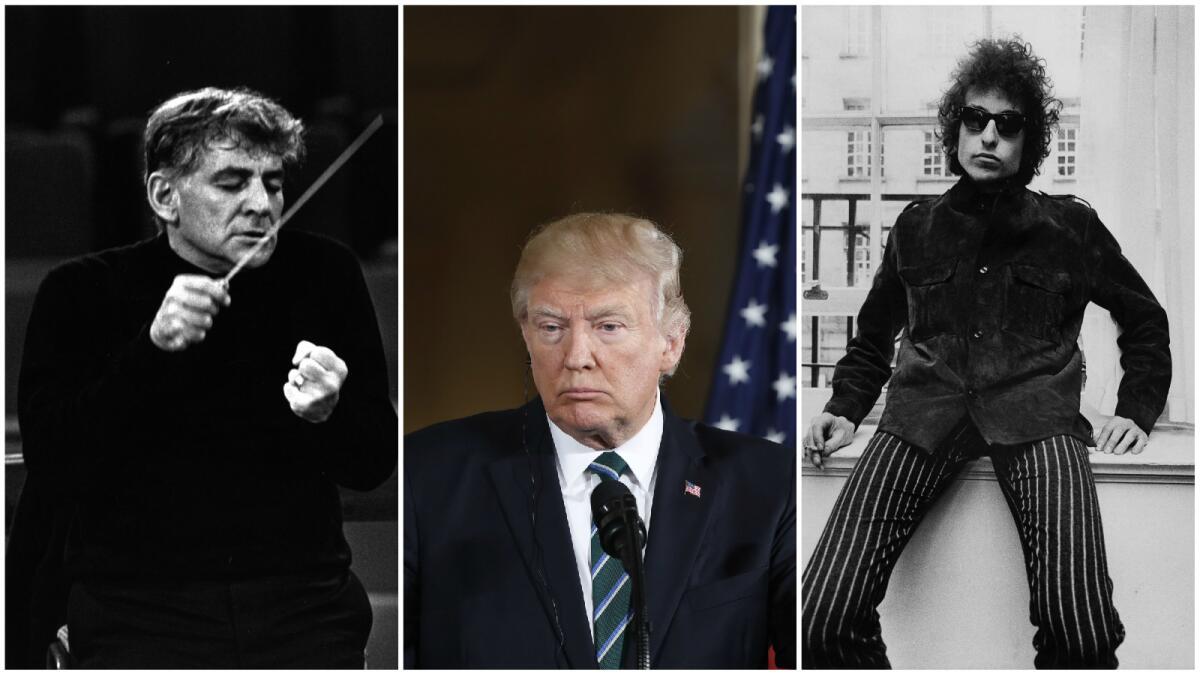 President Trump's proposed redlining of the National Endowment for the Arts faces some powerful history, including Leonard Bernstein, left, who led the Concert for Peace, and Bob Dylan, who pushed '60s popular culture.