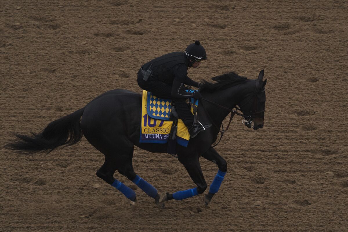 An exercise rider takes Medina Spirit for a morning workout at Del Mar.