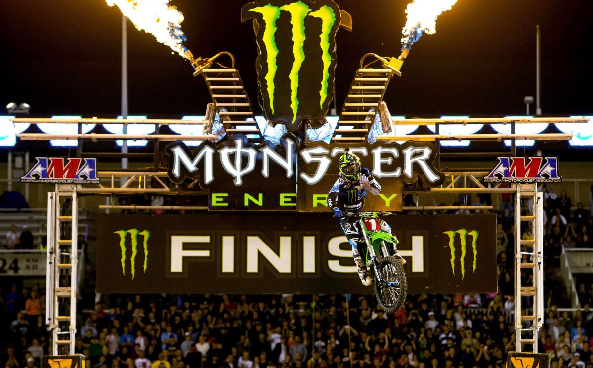 Ryan Villopoto celebrates his title in the Monster Energy AMA Supercross Series in Salt Lake City.