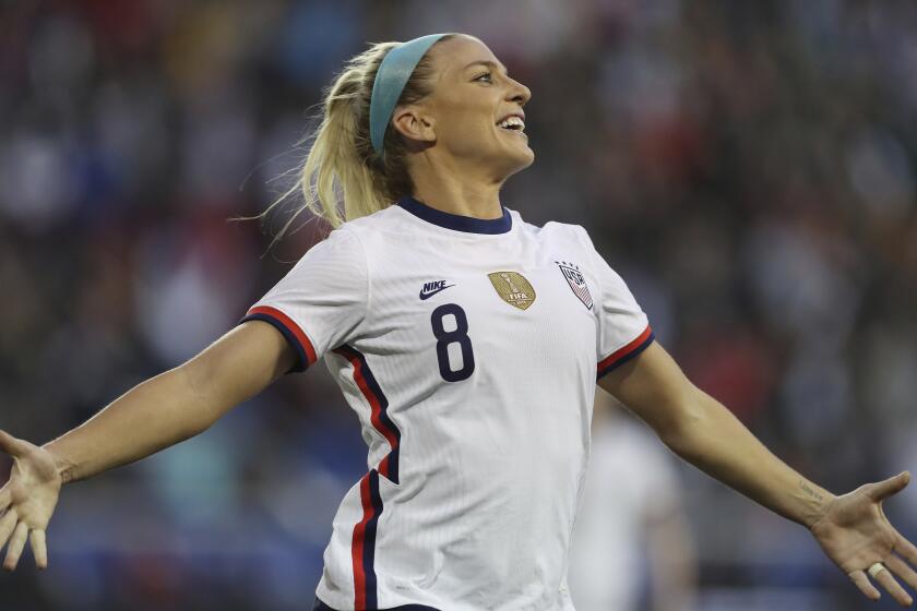 United States midfielder Julie Ertz (8) celebrates after scoring a goal during the second half of a SheBelieves Cup.