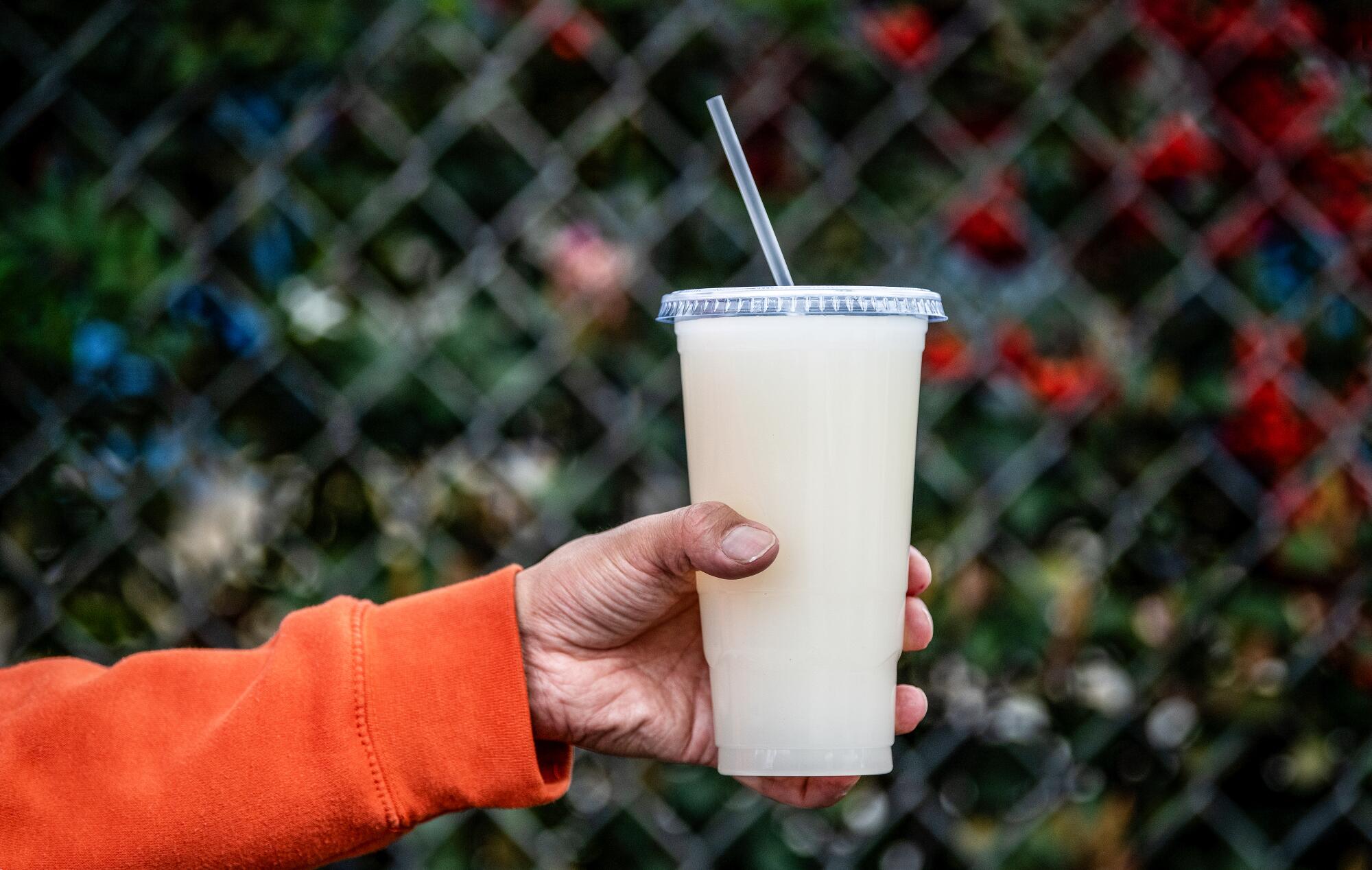 A hand holds a large cup of pulque in front of a chain-link fence.