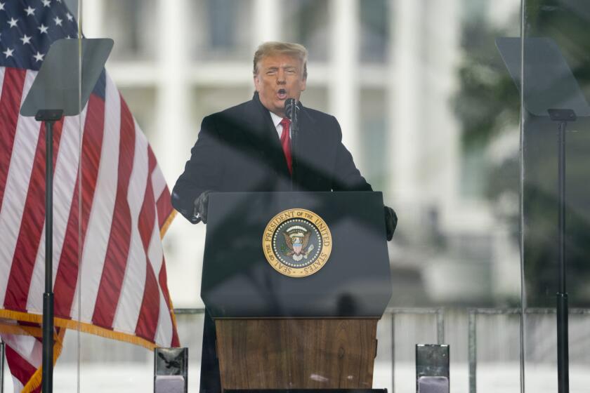FILE - President Donald Trump speaks during a rally protesting the electoral college certification of Joe Biden as President in Washington, Jan. 6, 2021. Court arguments have begun in the efforts to use an insurrection clause in the U.S. Constitution to bar former President Donald Trump from running for his old job again. Testimony on Monday, Oct. 30, 2023, is focusing on whether the violent Jan. 6, 2021, assault on the U.S. Capitol was an insurrection as defined by the 14th Amendment and whether Trump’s role in it meets the provision’s threshold for being barred from public office. (AP Photo/Evan Vucci, File)