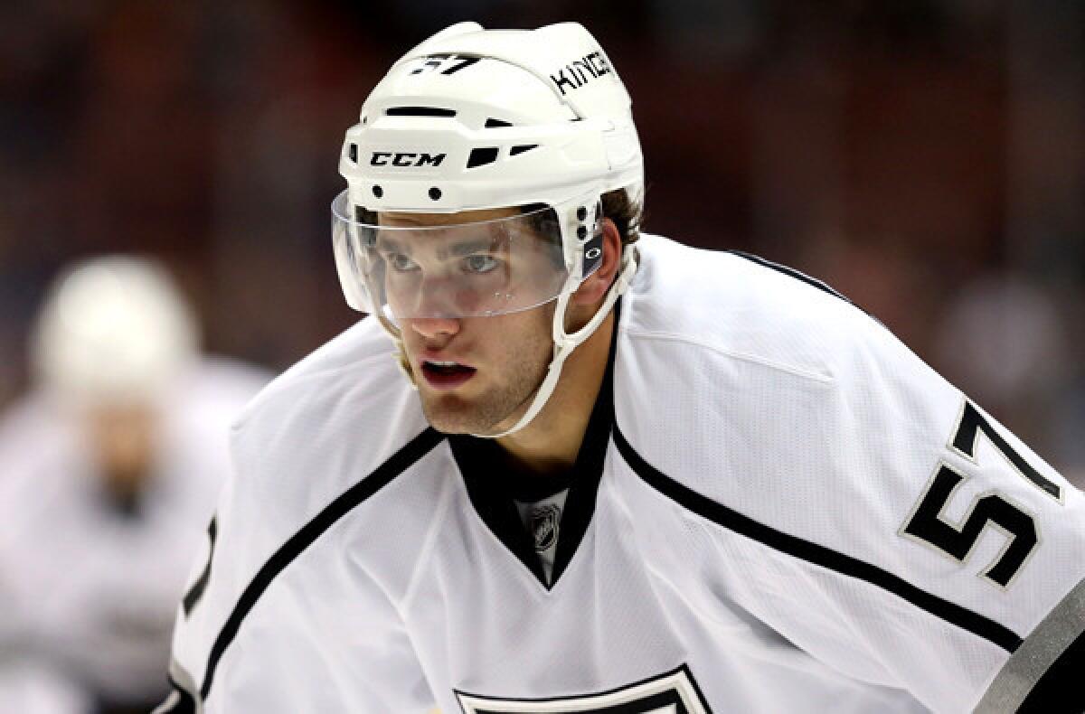 Kings forward Linden Vey gets set for a faceoff during a preseason game against the Ducks. He was called up Saturday from the Kings' American Hockey League affiliate in Manchester, N.H.