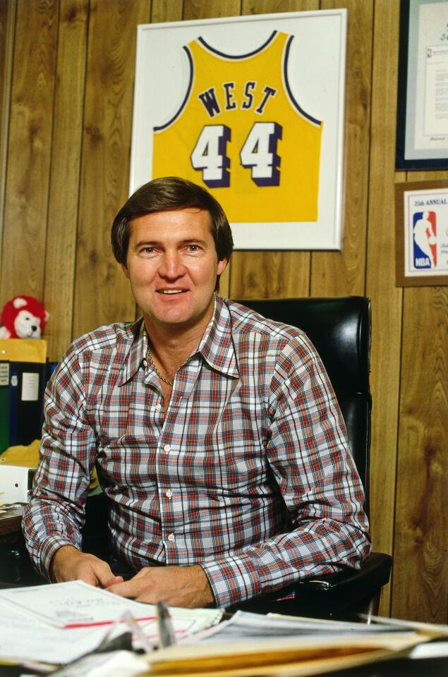 Jerry West, general manager of the Lakers, sits at his desk circa 1987 at the Forum.