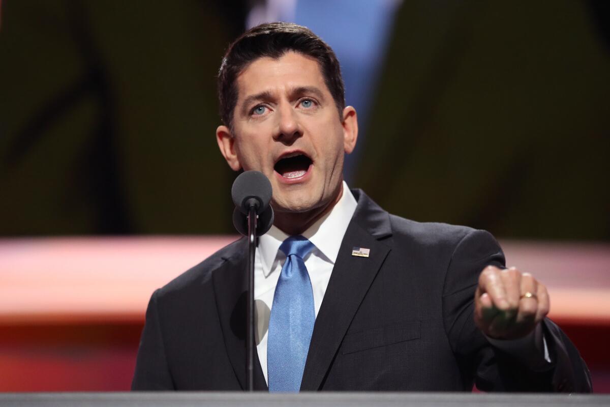 Speaker of the House Paul Ryan delivers a speech on the second day of the Republican National Convention on July 19, 2016 at the Quicken Loans Arena in Cleveland, Ohio.