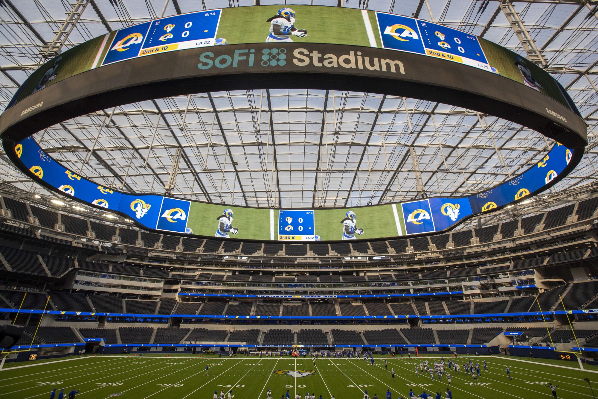 Rams play a scrimmage for the first time at an empty SoFi Stadium in Inglewood on Saturday.