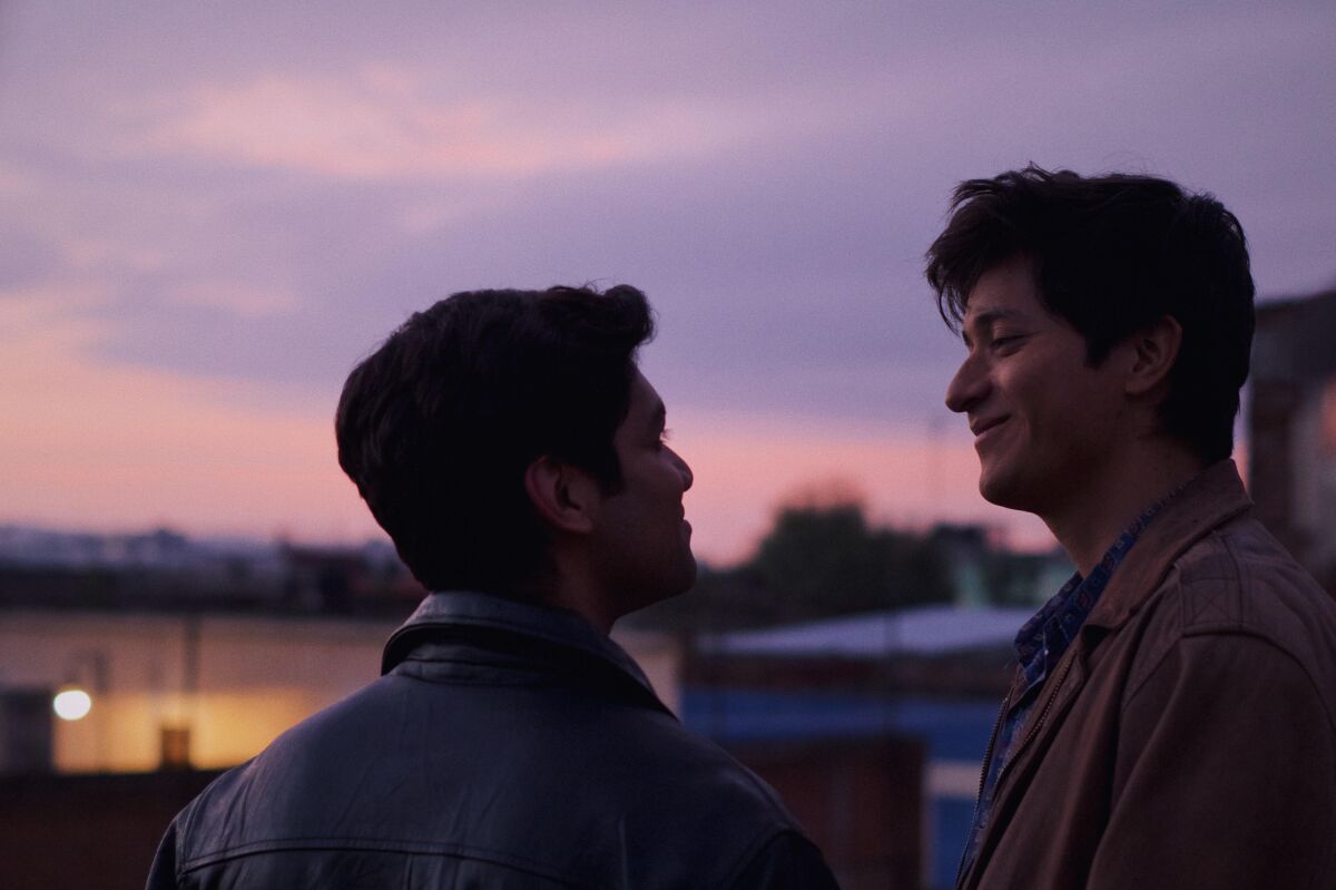 Two young men talk with a colorful sunset in the background.