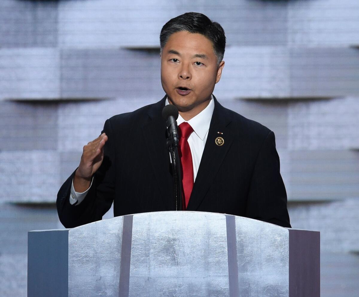 U.S. Rep. Ted Lieu (D-Torrance) addresses delegates on the final day of the Democratic National Convention in Philadelphia on July 28, 2016.