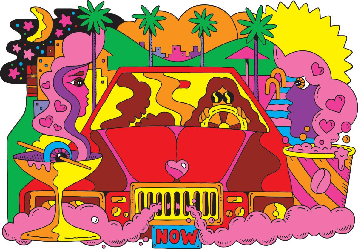 Illustration of a woman driving through sunny L.A. surrounded by cocktails, palm trees and a pool. 