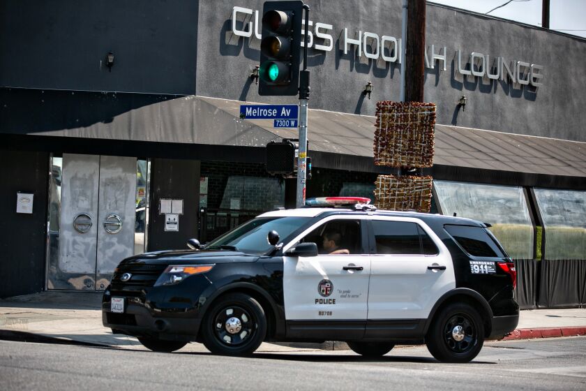 LOS ANGELES, CA - SEPTEMBER 17: LAPD patrols the Melrose strip as the area has faced armed robberies and a gun crime wave on Friday, Sept. 17, 2021 in Los Angeles, CA.(Jason Armond / Los Angeles Times)