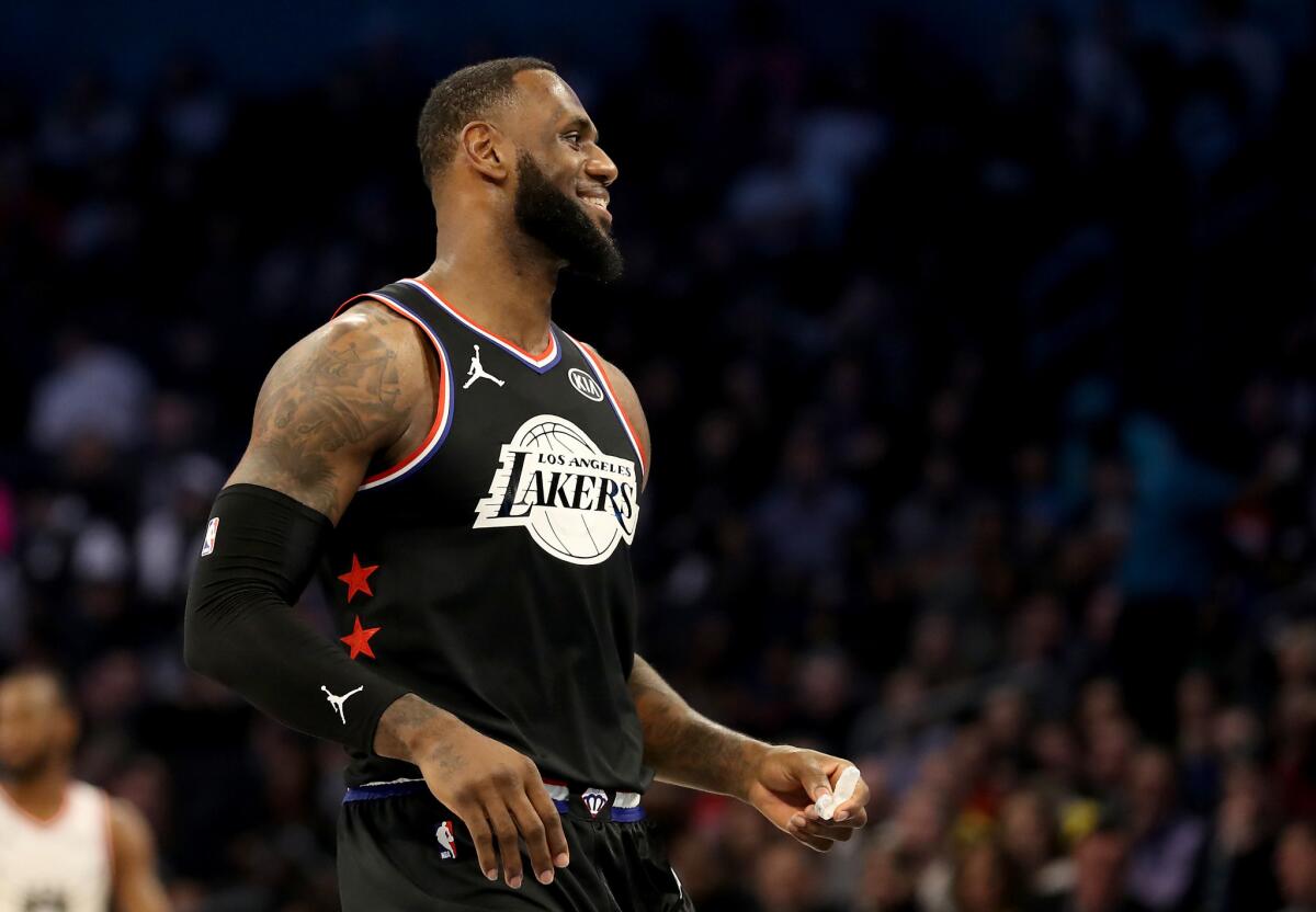 LeBron James #23 of the LA Lakers and Team LeBron reacts in the first half during the NBA All-Star game as part of the 2019 NBA All-Star Weekend at Spectrum Center on February 17, 2019 in Charlotte, North Carolina.