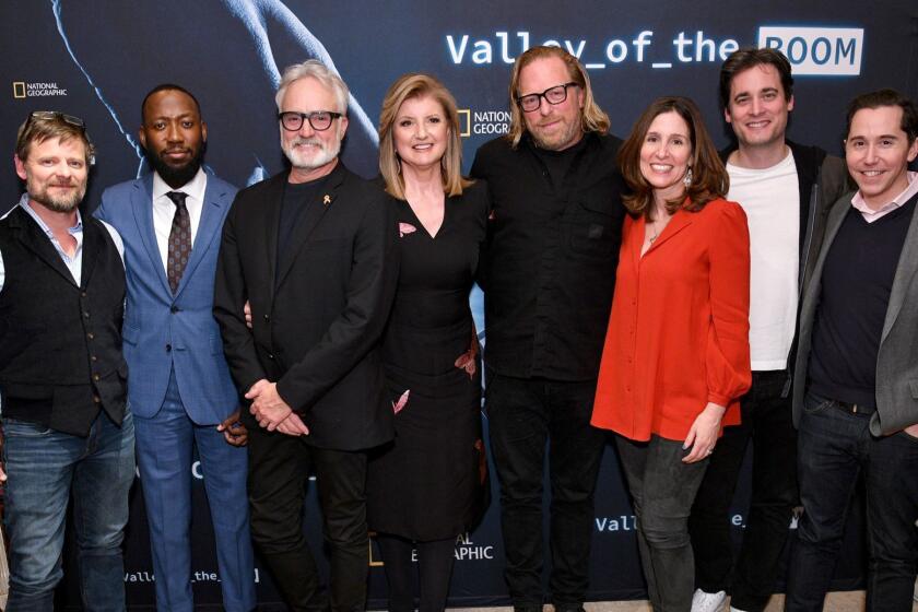 NEW YORK, NY - JANUARY 11: (L-R) Steve Zahn, Lamorne Morris, Bradley Whitford, Arianna Huffington, Matthew Carnahan, Carolyn Bernstein, Stephan Paternot, and Todd Krizelman attend a special screening of National Geographic's upcoming limited series "Valley Of The Boom" at the home of executive producer Arianna Huffington on January 11, 2019 in New York City. The series premieres Sunday, January 13th at 9:00/8:00c. (Photo by Bryan Bedder/Getty Images for National Geographic) ** OUTS - ELSENT, FPG, CM - OUTS * NM, PH, VA if sourced by CT, LA or MoD **