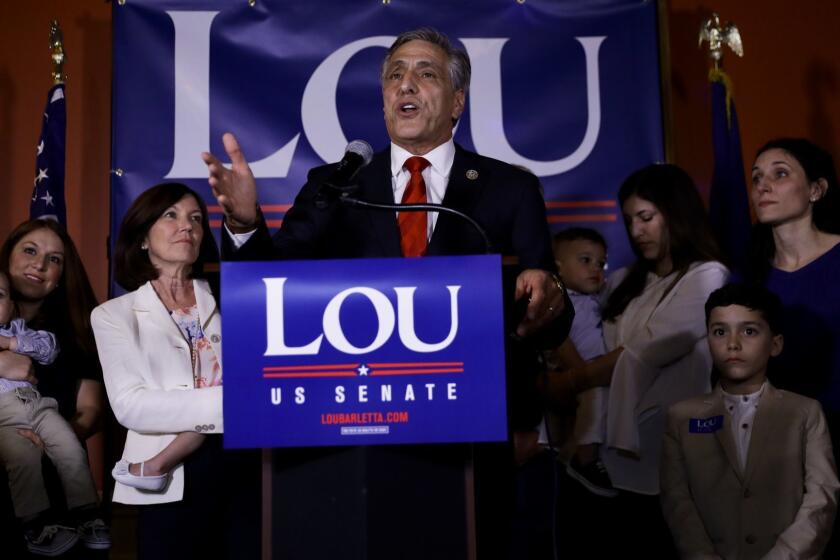 U.S. Rep. Lou Barletta, R-Pa., Republican primary candidate for U.S. Senate, talks to supporters during an election night results party, Tuesday, May 15, 2018, in Hazleton, Pa. (AP Photo/Matt Slocum)