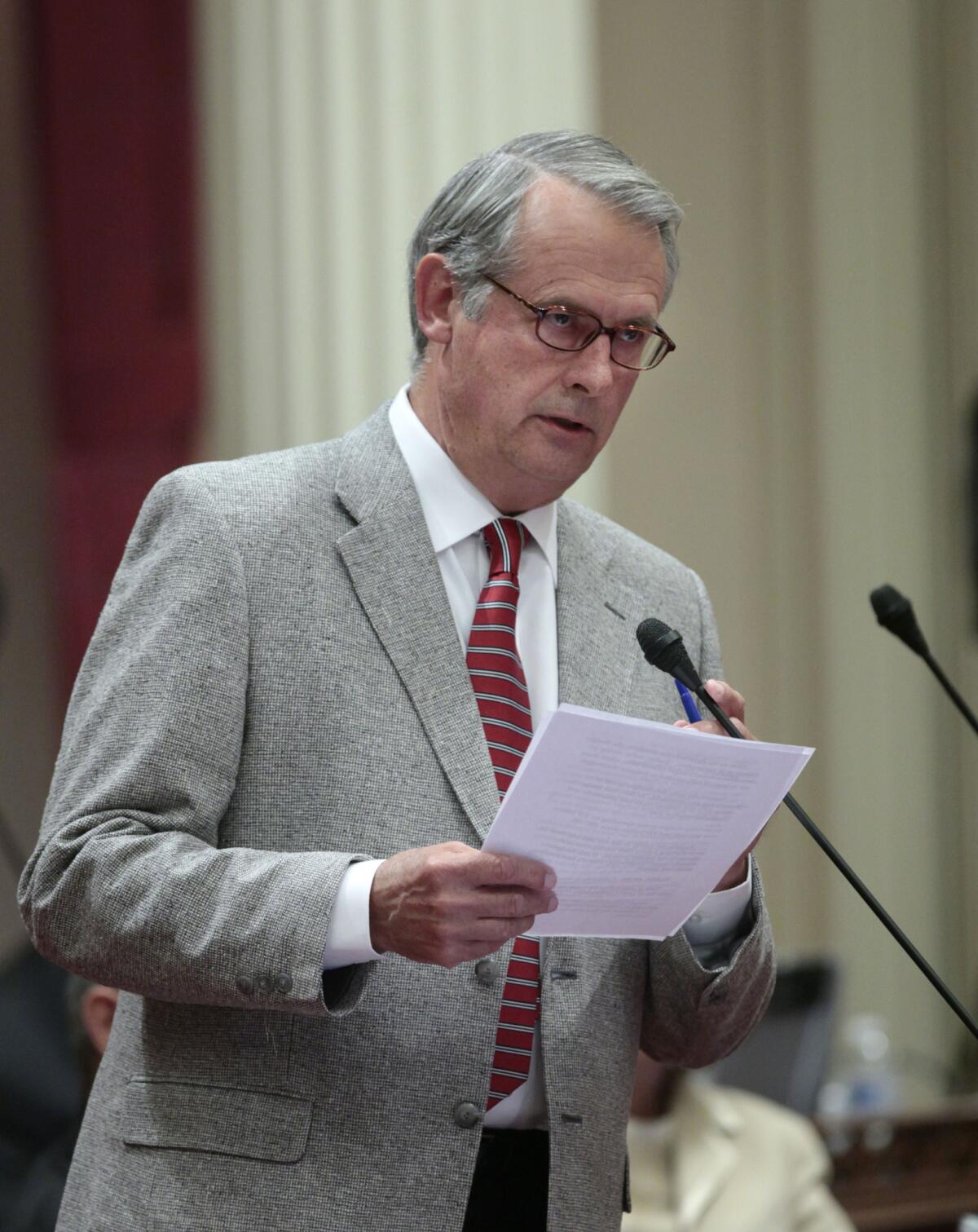 State Sen. Bill Emmerson (R-Redlands) discusses the state budget at the Capitol in Sacramento. Emerson announced on Friday that he was resigning his Senate seat effective Dec. 1.