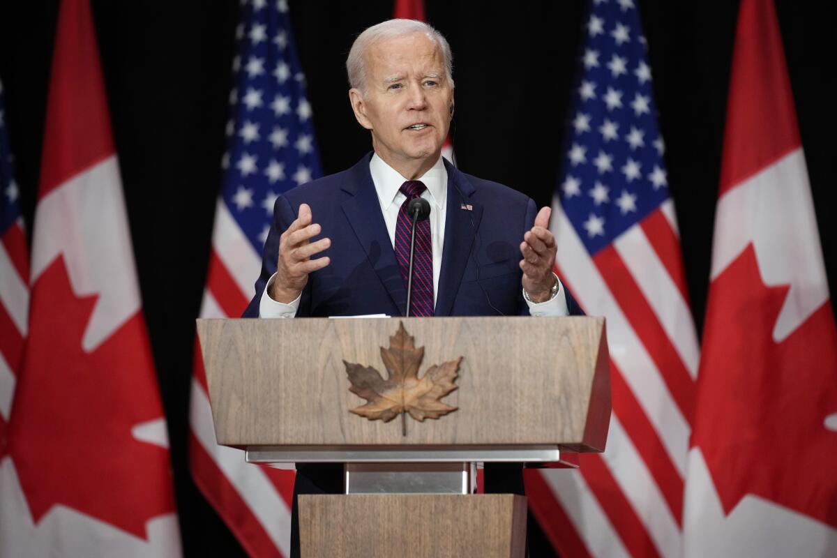 President Biden speaks during a news conference with Canadian Prime Minister Justin Trudeau.
