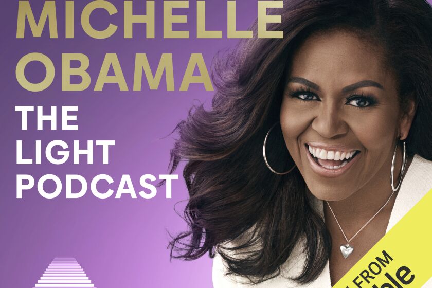 This image released by Audible shows promotional art for “Michelle Obama: The Light Podcast, ” launching March 7. (Audible via AP)