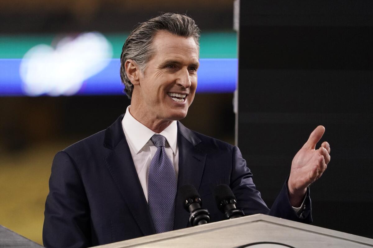 California Gov. Gavin Newsom delivers his State of the State address from Dodger Stadium Tuesday, March 9, 2021, in Los Angeles. (AP Photo/Mark J. Terrill)