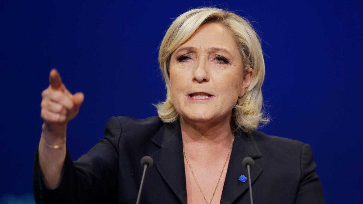 Far-right leader and French presidential candidate Marine Le Pen speaks during a meeting in Marseille on April 19, 2017.