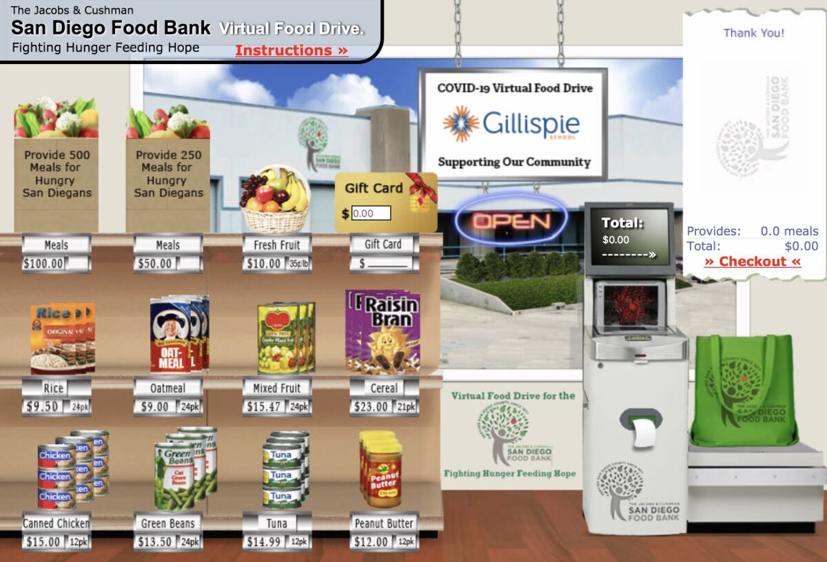 Gillispie School in La Jolla set up a virtual market on the San Diego Food Bank website where visitors can choose items to buy for the food bank or make monetary donations.