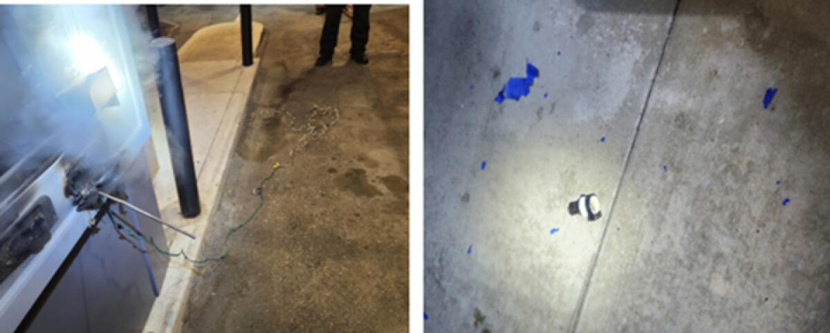 Photos show damage caused to ATM machines by explosives used in an attempted theft.