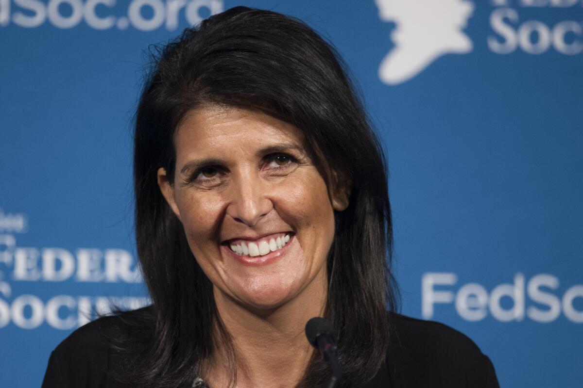 South Carolina Gov. Nikki Haley speaks at the Federalist Society's National Lawyers Convention in Washington on Nov. 18.