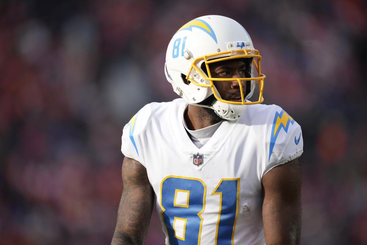 Wide receiver Mike Williams sets for a snap and looks to the line during the Chargers' game at Denver.