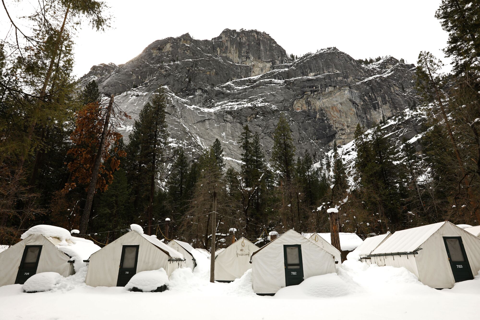 Deep snow blankets the tent cabins at Curry Village.