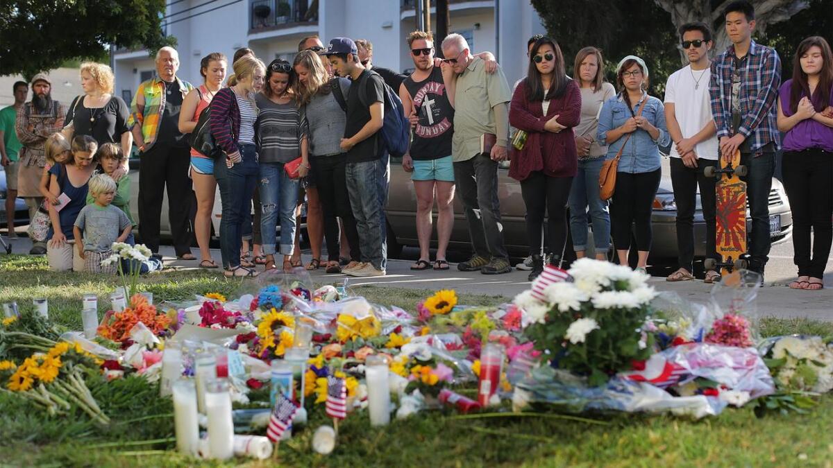 A memorial to Veronika Weiss and Katie Cooper outside their sorority house in Isla Vista following the 2014 rampage.