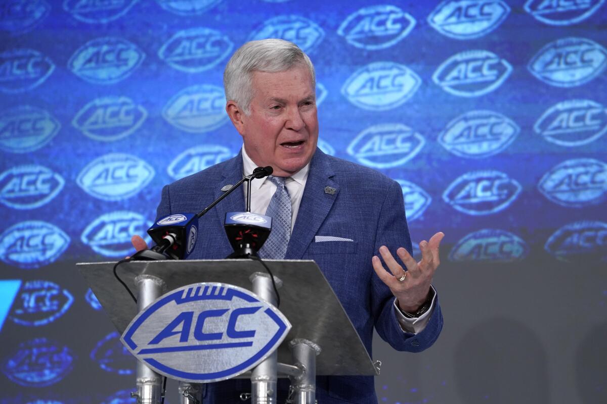 North Carolina head coach Mack Brown speaks during the Atlantic Coast Conference football media days in Charlotte, N.C. on July 18.