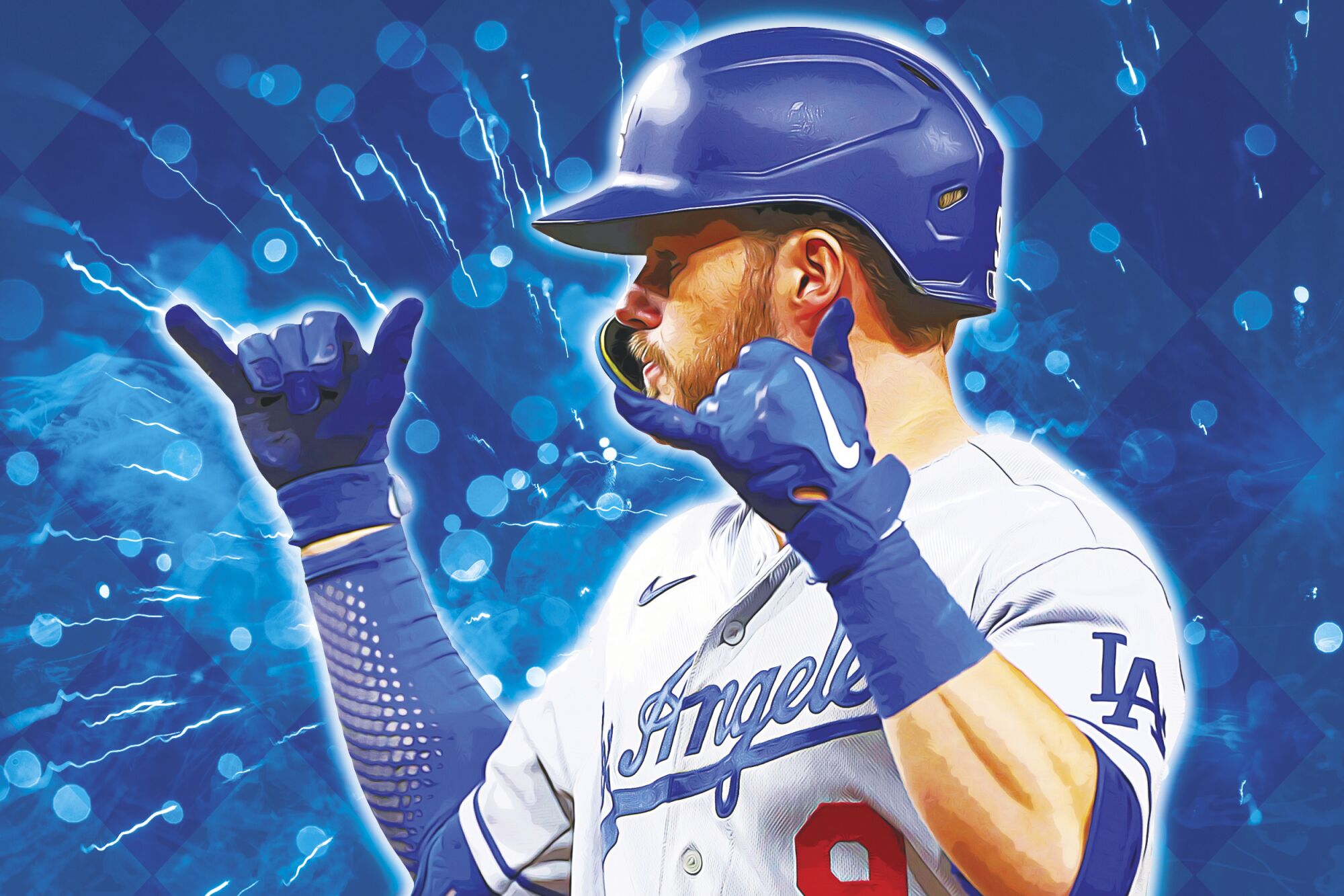 Photo illustration of Gavin Lux celebrating at first base.