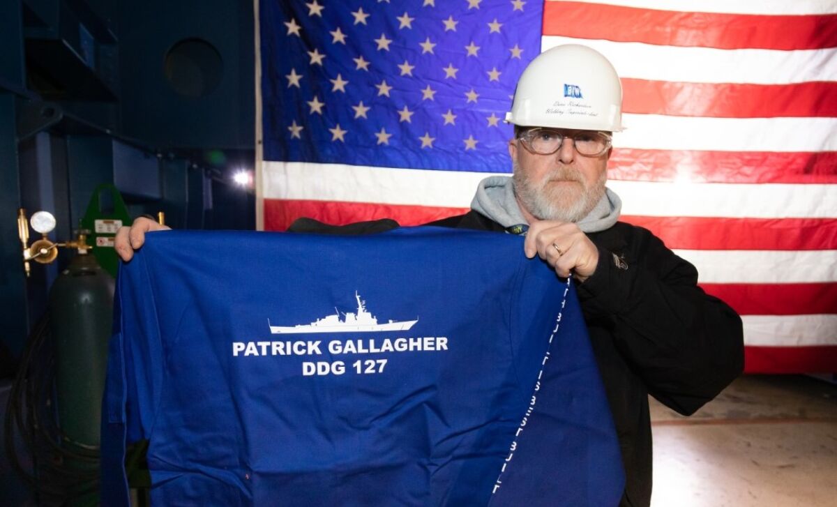 Bath Iron Works welding chief Dana Richardson at the keel-laying ceremony for the future USS Patrick Gallagher.