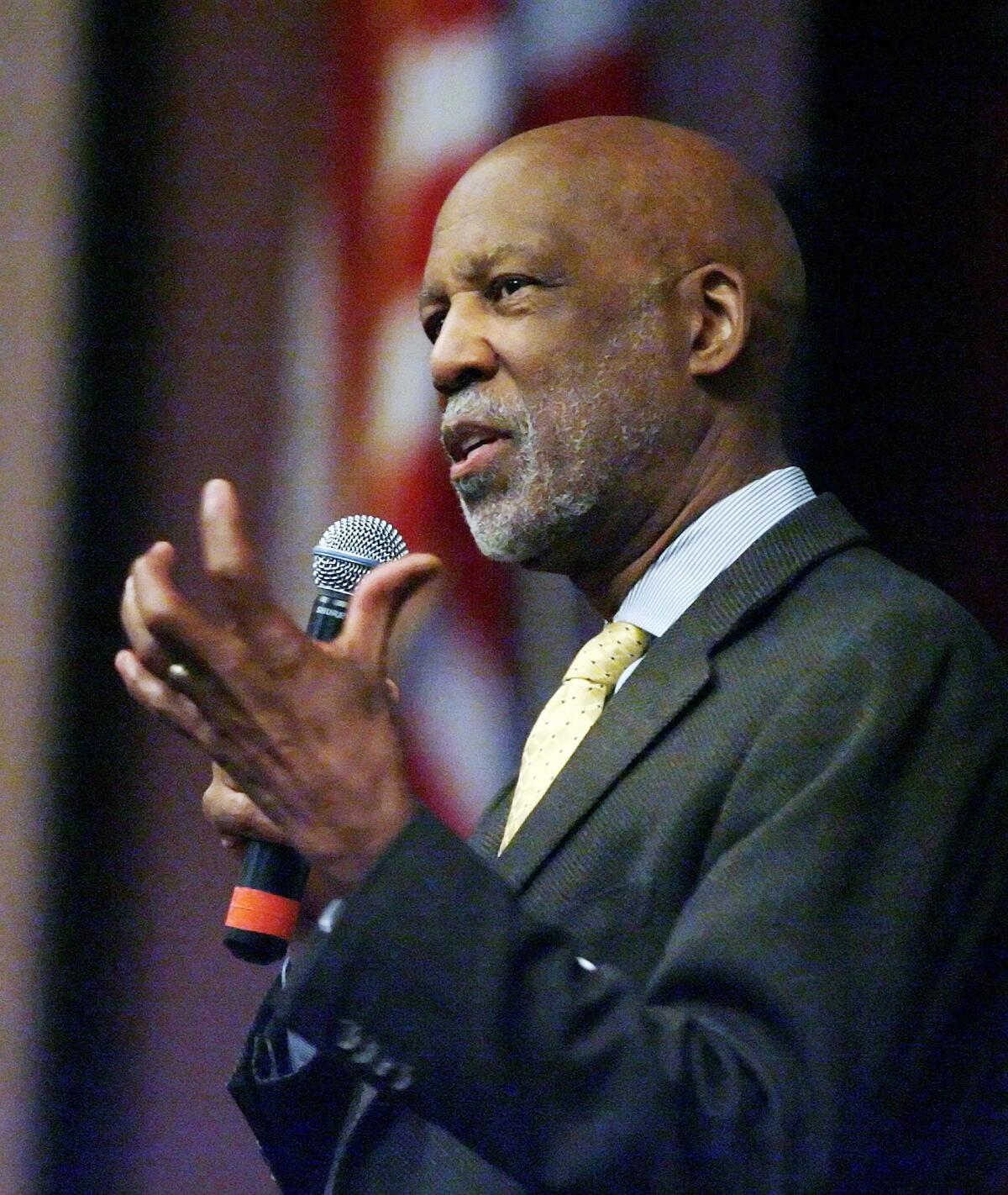 Terrence Roberts, a member of the Little Rock Nine, spoke to a packed house at Glendale Community College on Wednesday about what life was like in the years after court-ordered public school desegregation. Here he's pictured speaking to Hoover High School students in 2012.