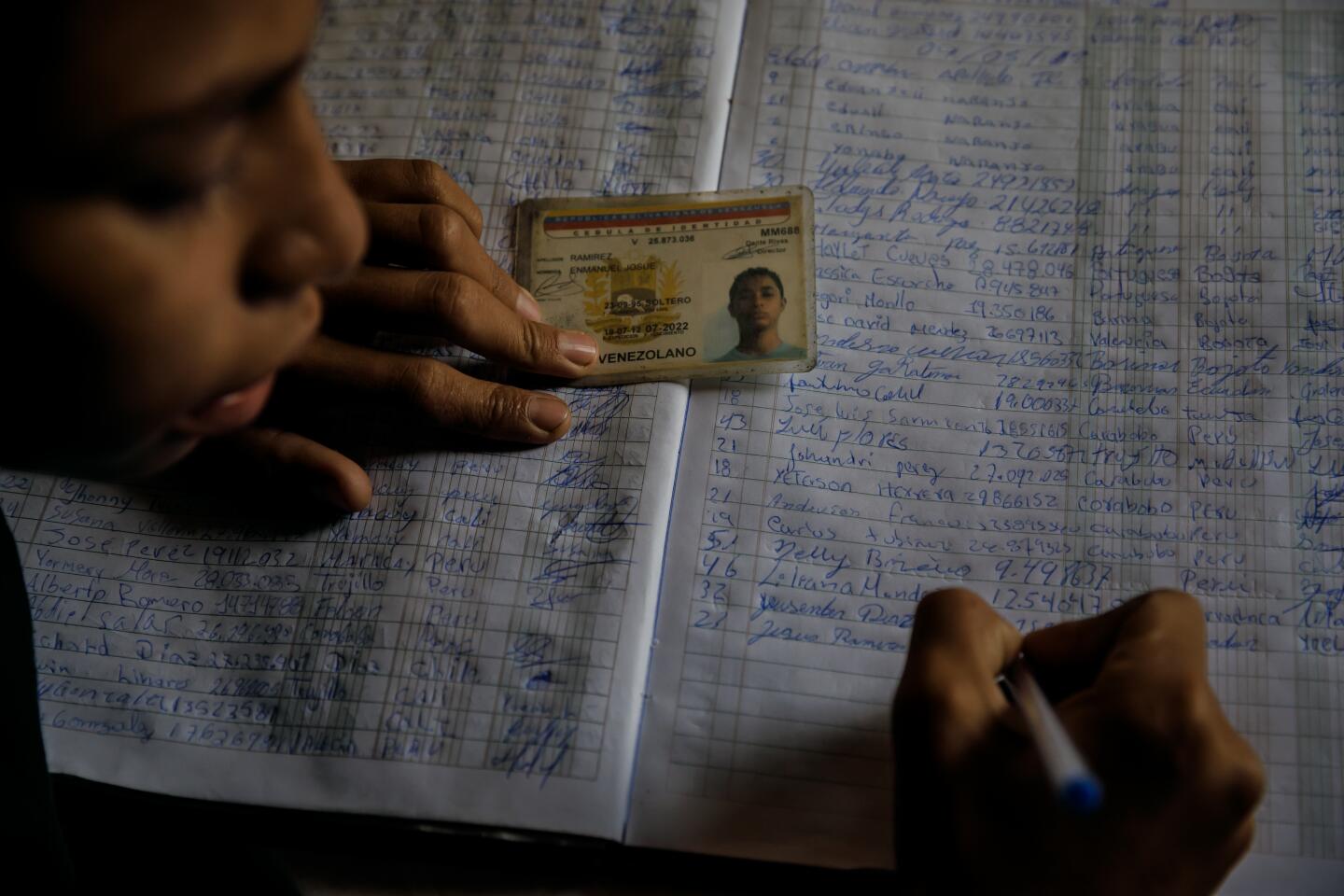 A volunteer documents the names of migrants passing through a shelter.