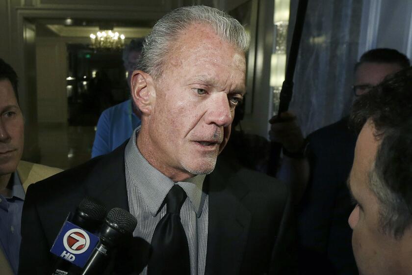Indianapolis Colts owner Jim Irsay speaks to reporters during the NFL annual owners' meeting in San Francisco on Wednesday.