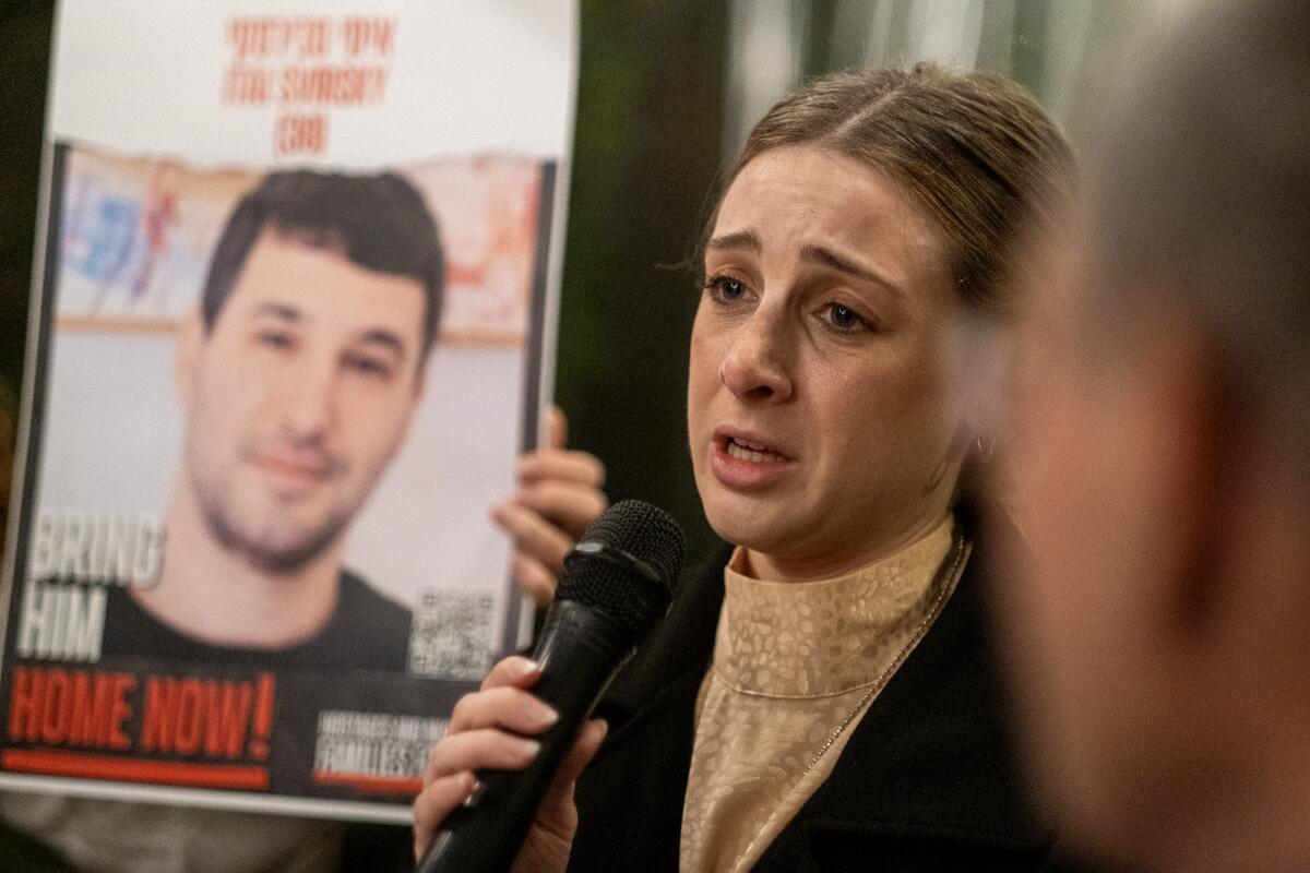 Ofir Weinberg, a relative of an Israeli hostage, shares her story during a dinner in Beverly Hills on Saturday night.
