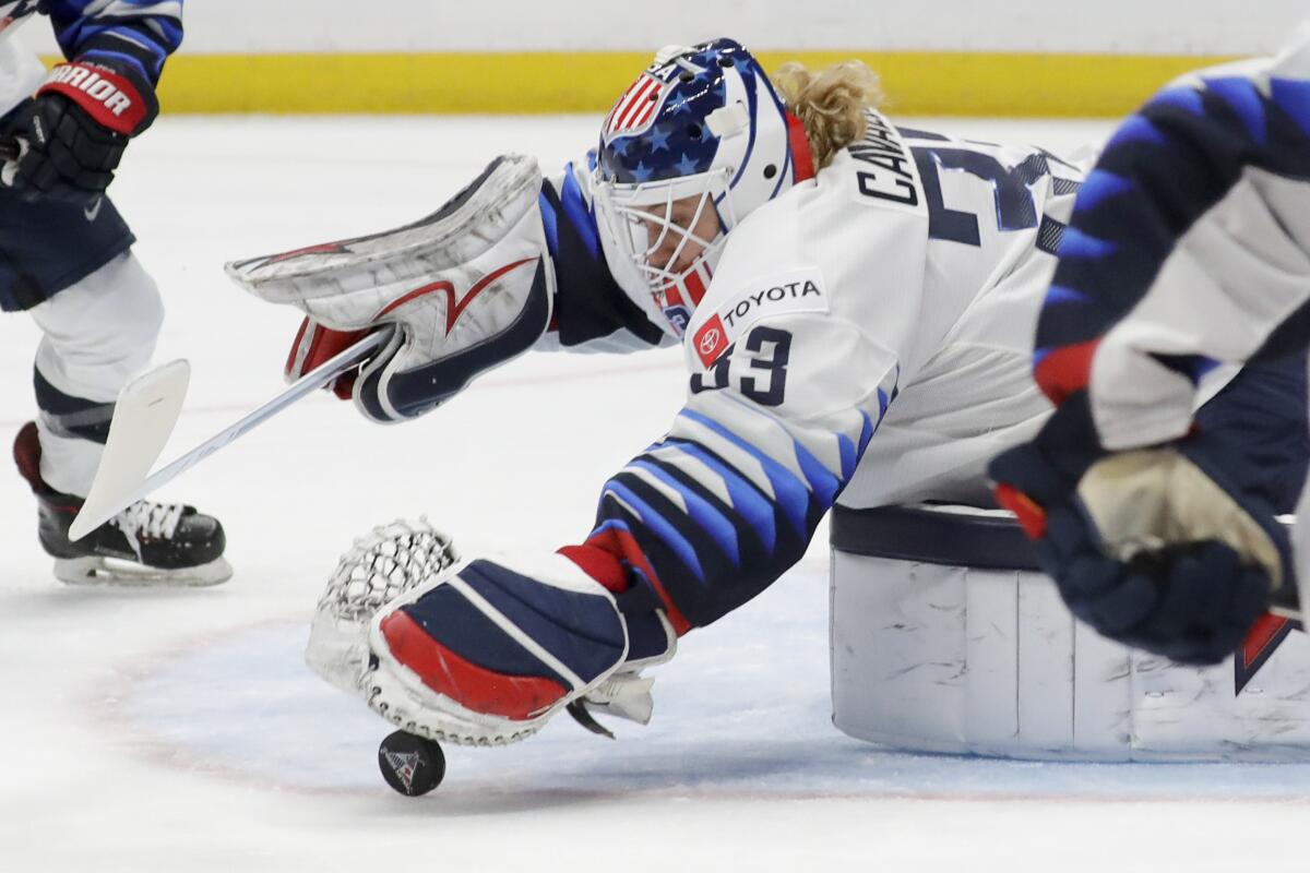 U.S. goalie Alex Cavallini makes a save against Canada during the first period at Honda Center on Feb. 8, 2020.