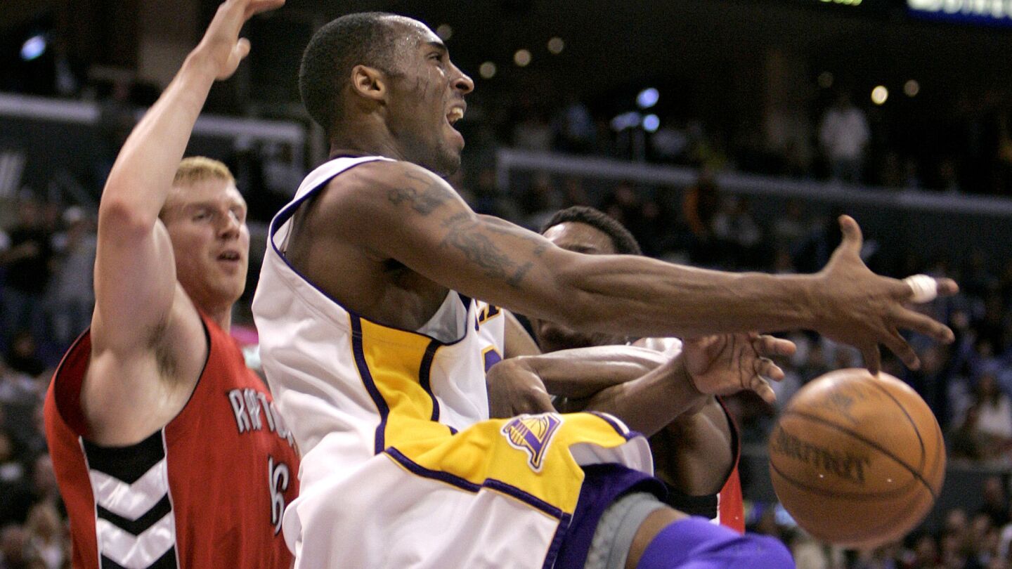 Lakers guard Kobe Bryant gets fouled late in the fourth quarter. He made 18 of 20 free throws during the game.