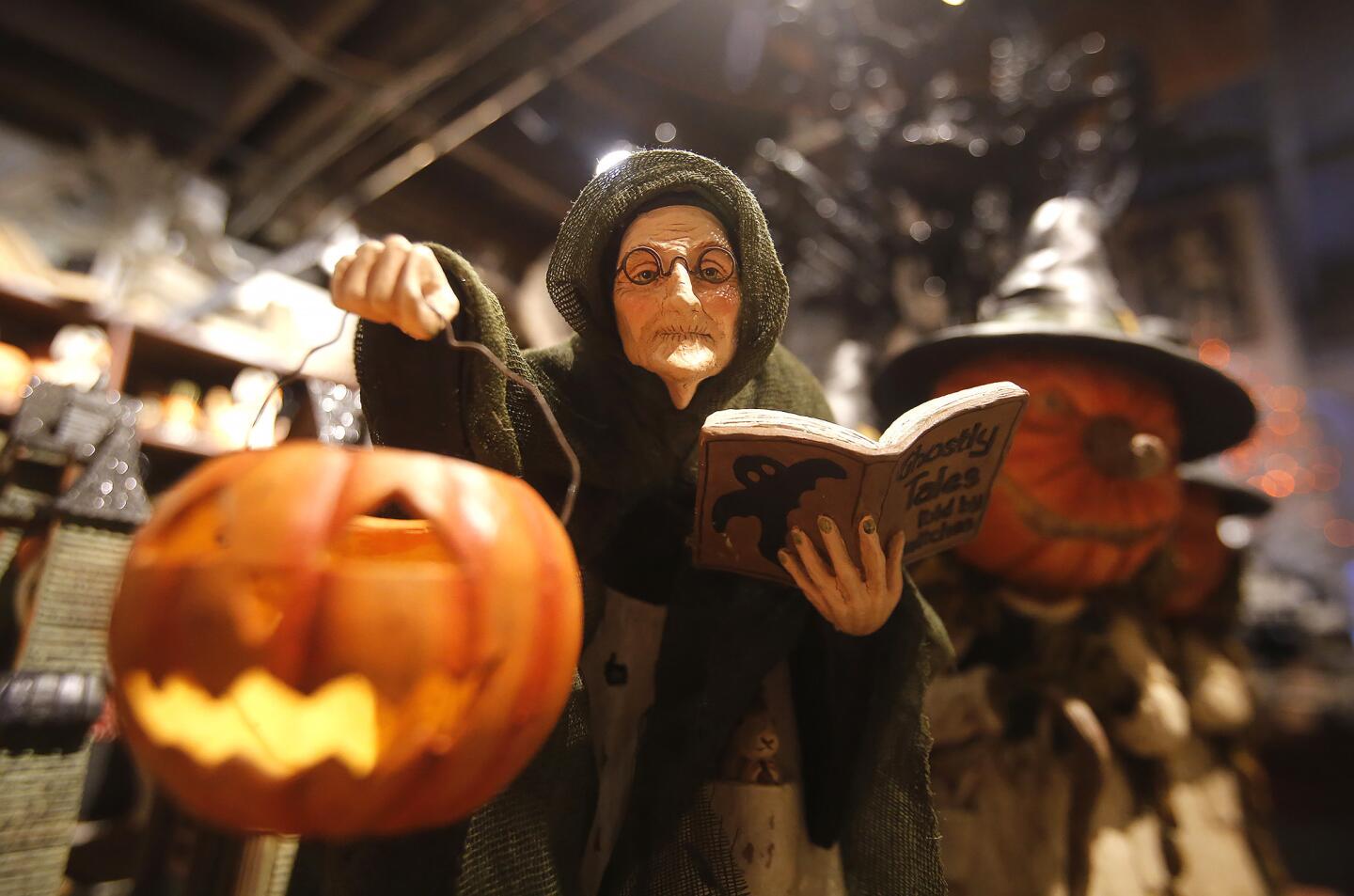 A spooky puppet witch tells ghostly tales at the "Hocus Pocus" witches and wizards-themed Halloween boutique at Roger's Gardens in Corona del Mar.