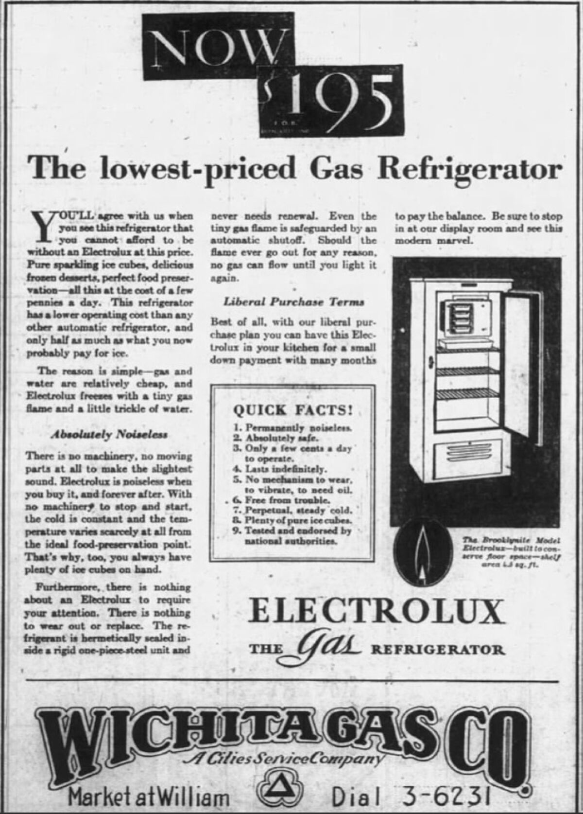 A 1930 newspaper ad for an Electrolux gas refrigerator offered for $195.