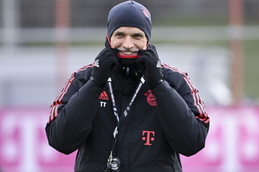 New Bayern Munich's coach Thomas Tuchel gestures during his first training session in Munich, Germany, Tuesday March 28, 2023. (Sven Hoppe/dpa via AP)