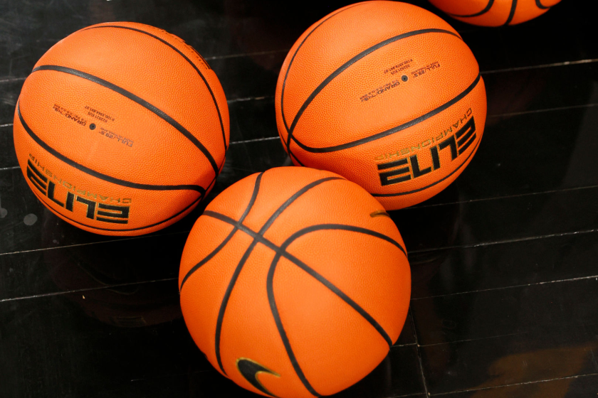 LAS VEGAS, NEVADA - NOVEMBER 26: Basketballs are shows on the court.