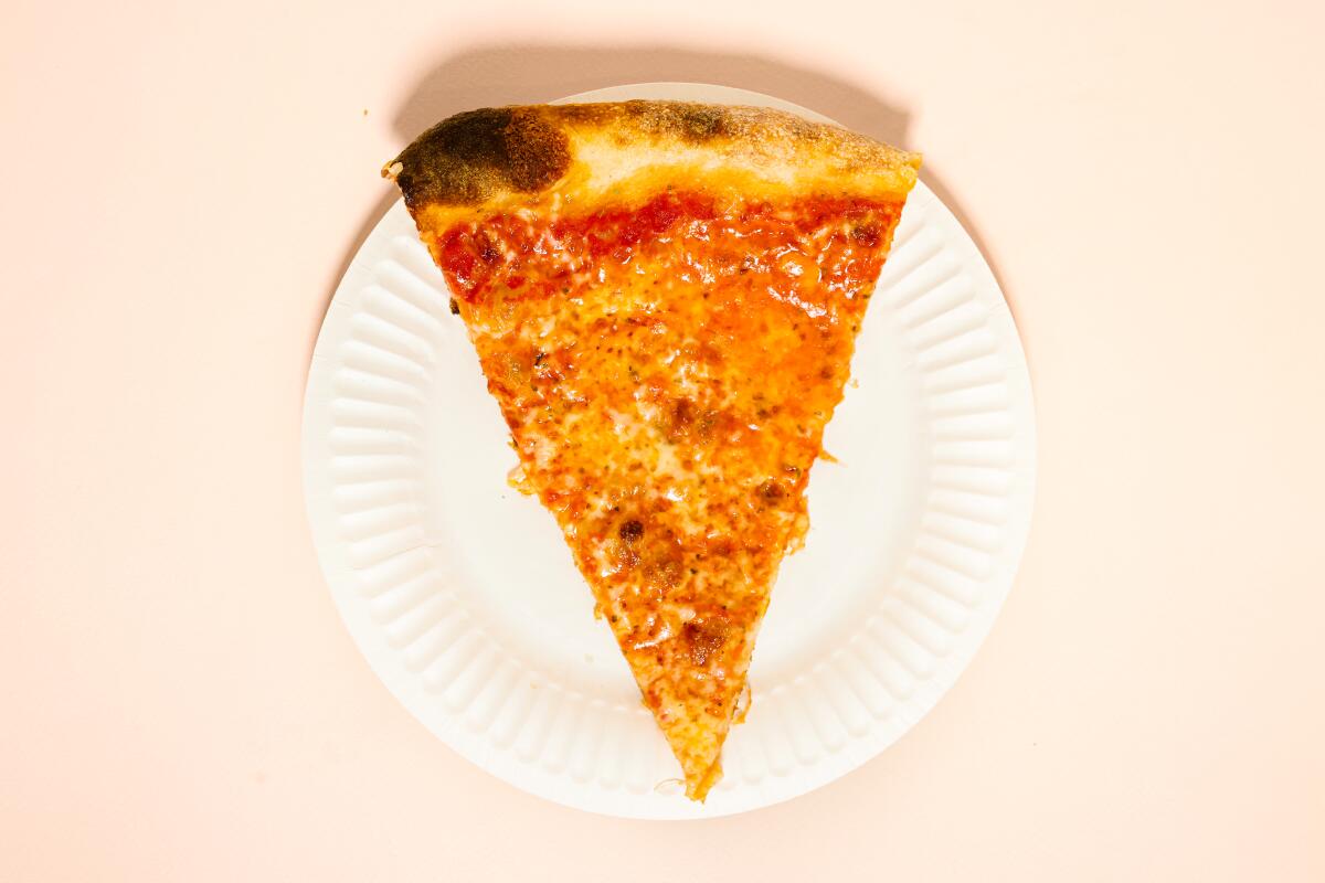  A triangle of cheese pizza with a slight char on the crust rests on a white paper plate.